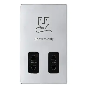 Polished Chrome Screwless Plate Shaver Socket 115v/230v - Black Trim - SE Home