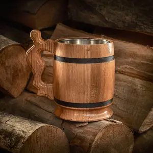 Handmade Large Oak Wooden Tankard Mug - Amazing Craftsmanship and Quality Materials - Metal Lining, Heavy Duty, & Long-Lasting Mug