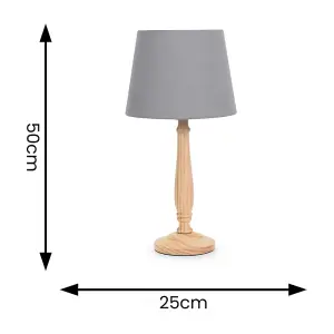 ValueLights Victoria Traditional Light Wood Candlestick Table Lamp with Grey Tapered Shade - LED Bulb Included