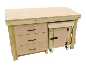 Wooden MDF top workbench with drawers and functional lockable cupboard (V.6) (H-90cm, D-70cm, L-150cm)