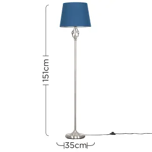 ValueLights Memphis Traditional Silver Satin Barley Twist Floor Lamp with Navy Blue Shade