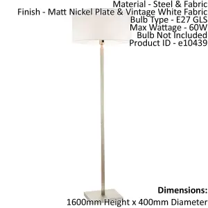 Floor Lamp Light Matt Nickel & Vintage White Fabric 60W E27 Base & Shade