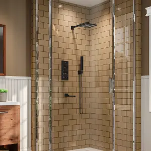 Black Square Wall-mount 3 Way Handheld Head and Rainfall Shower Head Concealed Thermostatic Mixer Shower Set