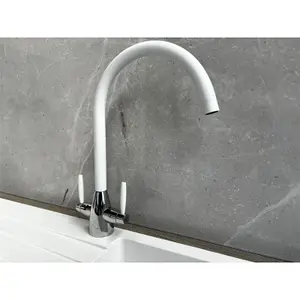 Liquida LC02WH Swan Neck Twin Lever Chrome and White Kitchen Mixer Tap