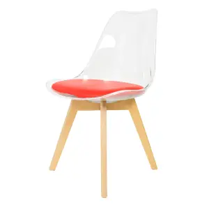 Soho Clear and Red Plastic Dining Chair with Squared Light Wood Legs