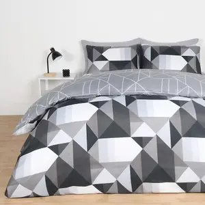 Duvet Cover Bedding Set Pillowcase Geometric Reversible Quilt, Mono - Superking