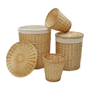 JVL Hand Woven Acacia Set of 2 Round Laundry Willow Baskets with 2 Waste Paper Baskets, Honey Finish