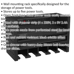 560mm Wall-Mounted Power Tool Storage Rack with Drawer and Power Strip for 5 Tools