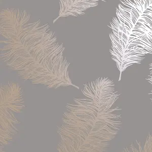 Holden Decor Fawning Feather Metallic Effect Grey Rose Gold Wallpaper, Rose Gold 12629