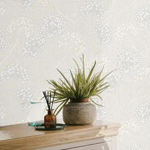 Fine Decor Grace Allium White Silver Wallpaper Floral Metallic Textured Vinyl