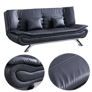 2 Seater Sofa Bed Faux Leather Shell Loveseat Couch Recliner Sofabed with 2 Pillows in Black