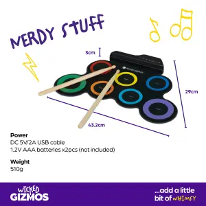 WICKED GIZMOS Electronic Drum Mat - Portable Roll Up Digital Music Pad Instrument for Beginners & Children - Multicolour