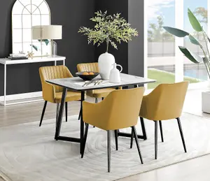 Furniturebox UK Carson White Marble Effect Dining Table & 4 Mustard Calla Black Leg Chairs