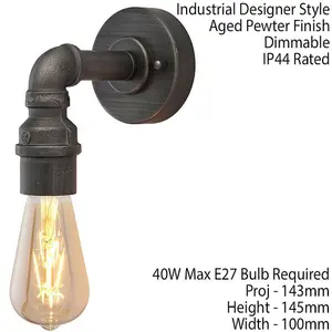 Industrial Indoor Wall Light Aged Pewter Exposed Pipe Vintage Filament Lamp