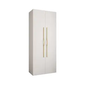 Stylish White Como II Hinged Door Wardrobe H2460mm W1000mm D500mm, Two Doors, Eight Shelves, One Hanging Rail, Gold Handles