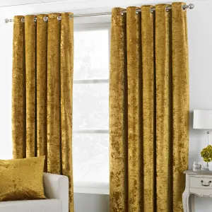 Paoletti Ochre Yellow Verona Crushed Velvet Eyelet Curtain Pair (W) 229cm x (L) 137cm