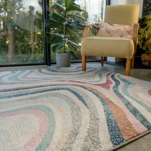 Grooved Lines Retro Milticoloured Pastel Fireside Living Area Rug 190cm x280cm