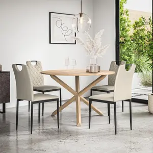 Malvern Round Dining Table And Chairs -  Oak Table Top w Solid Oak Legs + Monza Fabric Dining Chair Set Of 4 (Beige)