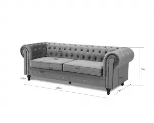 Chesterfield Pleat Velvet Fabric 3 Seater Sofa, Grey