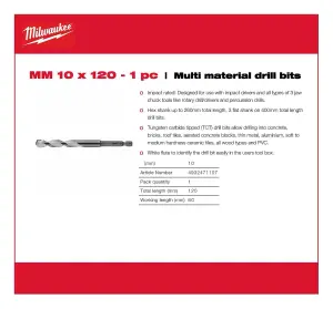 Milwaukee - Multi Material Drill Bit 10mm x 120mm - 1 Piece