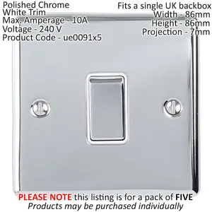 5 PACK 1 Gang Single Metal Light Switch POLISHED CHROME 2 Way 10A White Trim