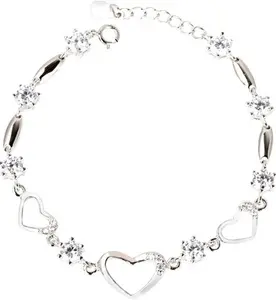 Trendy Sterling Silver Bracelet For Women With Heart Shaped Charm & Stones