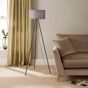 Modern Black Metal Tripod Floor Lamp with Cotton Fabric Lampshade in Grey