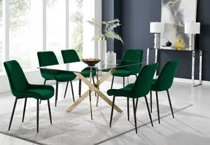 Furniturebox UK Leonardo 6 Gold Dining Table and 6 Green Pesaro Black Leg Chairs