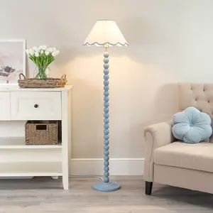 ValueLights Bobbles Powder Blue Bobbin Floor Lamp with Blue Trim Scallop Shade - LED Bulb Included