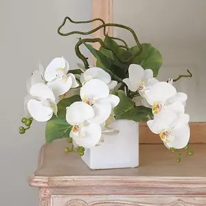 Artificial Lusong Orchid Arrangement in Vase - Faux Pure White Phalaenopsis, Exotic Leaves & Twisted Willow Stems - H27 x W33cm