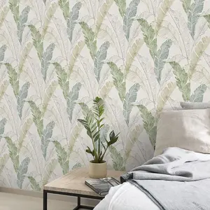 Grandeco Sketch Effect Capri Tropical  Textured Wallpaper, Neutral Green