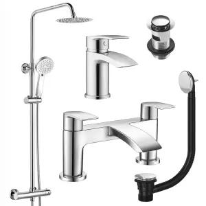 Round Chrome Thermostatic Overhead Shower Kit with Sleek Basin Mixer Tap & Bath Filler Set inc. Waste Set