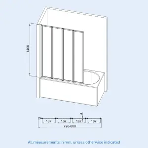 Nes Home 800 x 1400 mm 4 Fold Door Bath Shower Screen Black Frame