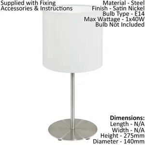 Table Desk Lamp Colour Satin Nickel Steel Shade White Fabric Bulb E14 1x40W