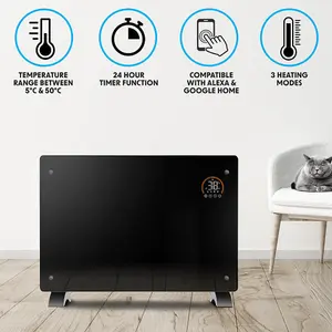 Electric Black Glass Panel Heater - 2000W Smart Wi-Fi Wall Moutned Radiator