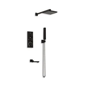 Black Square Wall-mount 3 Way Handheld Head and Rainfall Shower Head Concealed Thermostatic Mixer Shower Set