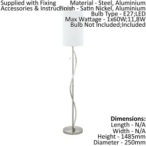 Floor Lamp Light Satin Nickel Aluminium Shade White Fabric Bulb E27 & LED 1x60W