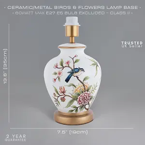 Traditional Ceramic Lamp Base in White Gloss with Coloured Birds and Flowers