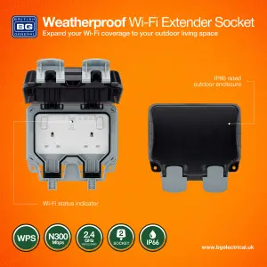 BG 13A Grey 2 gang Outdoor Weatherproof switched socket with Wifi extender