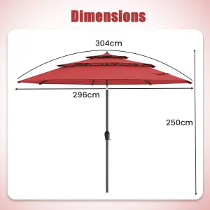 Costway 296cm 3 Tier Outdoor Umbrella Auto-tilt Patio Umbrella W/ Double Vented