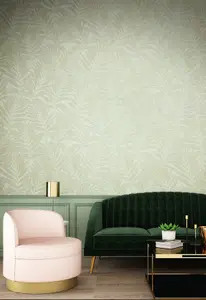 Galerie The New Design Book Green/Beige Glitter Botanical Palm Leaf Design Wallpaper Roll