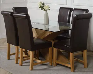 Valencia 160 cm x 90 cm Glass Dining Table and 6 Chairs Dining Set with Washington Brown Leather Chairs