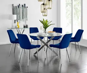 Furniturebox UK Novara 120cm Round Dining Table and 6 Navy Pesaro Silver Leg Chairs