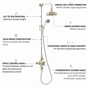 ENKI Downton English Gold White 2-Outlet Brass Thermostatic Shower Set with Rigid Riser Rail 200mm