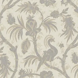 Design ID Beige Silver Floral Trail Exotic Birds Wallpaper Paste The Wall Vinyl