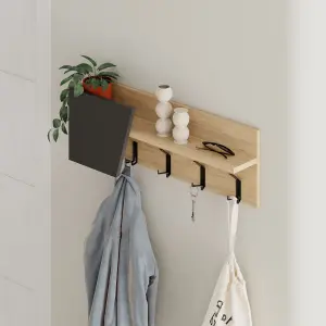 Decortie Modern Eleva Wall-Mounted Hanger Oak, Anthracite Engineered Wood with 4 Black Metal Hooks 74(D)x15.7(D)x26(H)cm