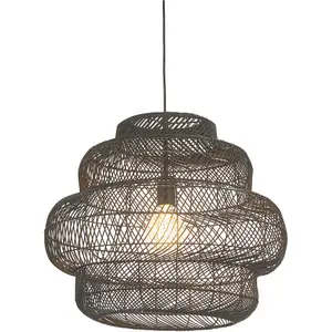 Hanging Ceiling Pendant Light - Large Black Rattan Basket & Matt Black - 10W LED E27