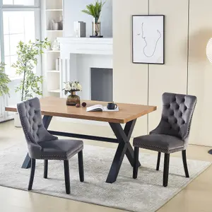 Marvin Oak Wood Veneer Dining Table and 4 Grey Luxury Velvet Dining Chairs Dining Room Furniture Sets