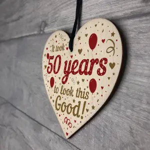 Red Ocean Funny 50th Birthday Gifts For Women Men Wooden Heart 50th Birthday Decoration Keepsake Friendship Gift