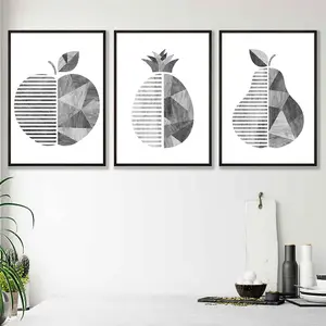 Grey Woodgrain Apple Pear Pineapple Wall Art Prints / 42x59cm (A2) / Black Frame